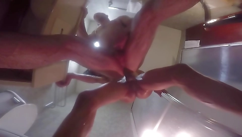 Ebony shemale gets fucked in shower with big natural tits