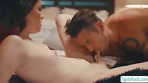 Skinny brunette babe takes a deep throat on her man