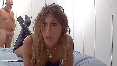 Blonde shemale with a nice body and small tits plays