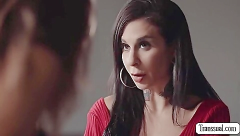 Brunette shemale with big boobies is fucked by her stepmom