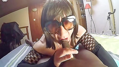 Ebony babe with a sexy lingerie sucking a dick in the POV