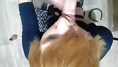 Amateur redhead gets her mouth and pussy fucked hard