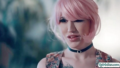 Tattooed girl with a tattooed ass and big tits sucking and fucking