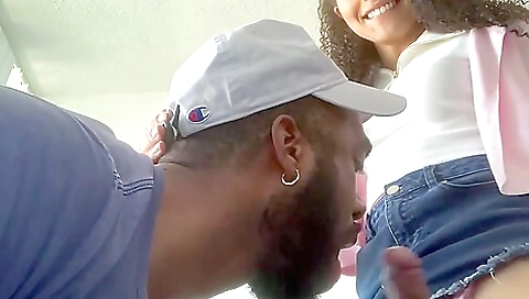 Ebony shemale deepthroated by hard dick in a creampie video