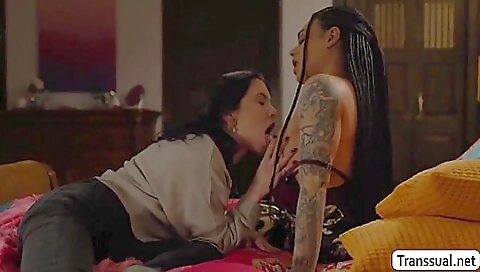 Brunette with a tattooed pussy takes off her bra and gets fucked